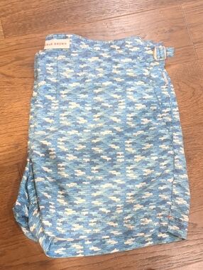 Orlebar Brown Light Blue and Navy Wave Print Swim Shorts